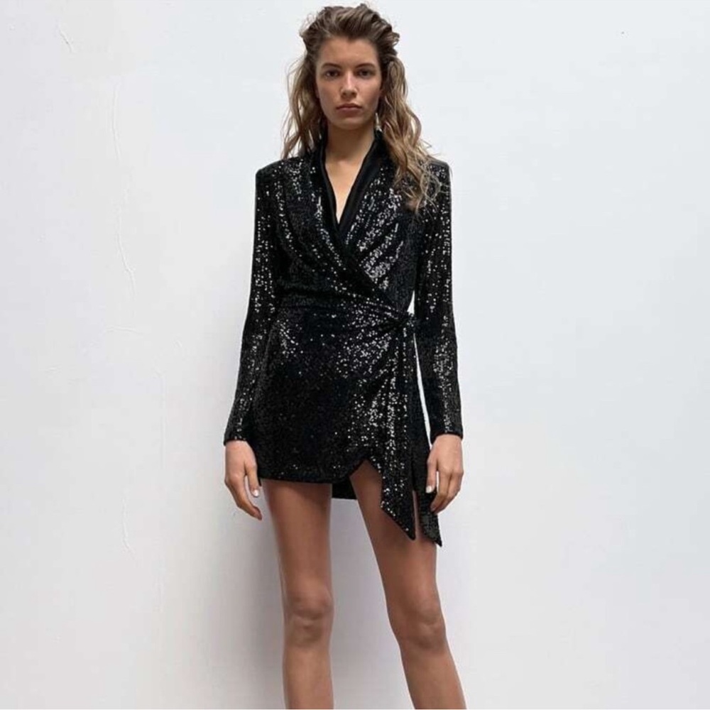 Zara Black Sequin Long Sleeve Dress
